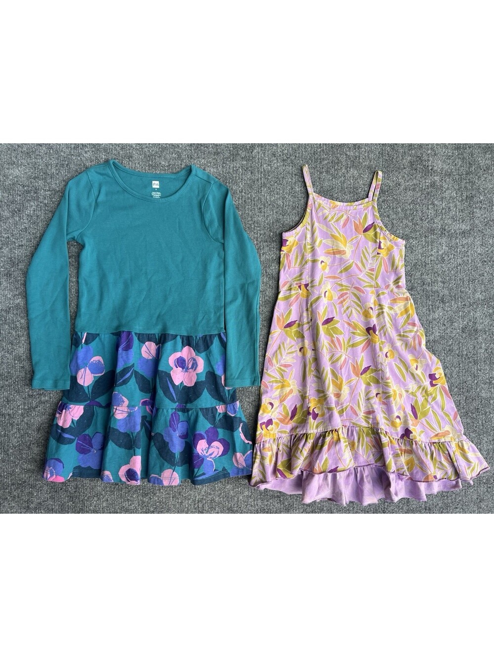 Tea Collection Girls 5 & 6 Floral Dress Bundle Cotton High Low Long Sleeve 2pc